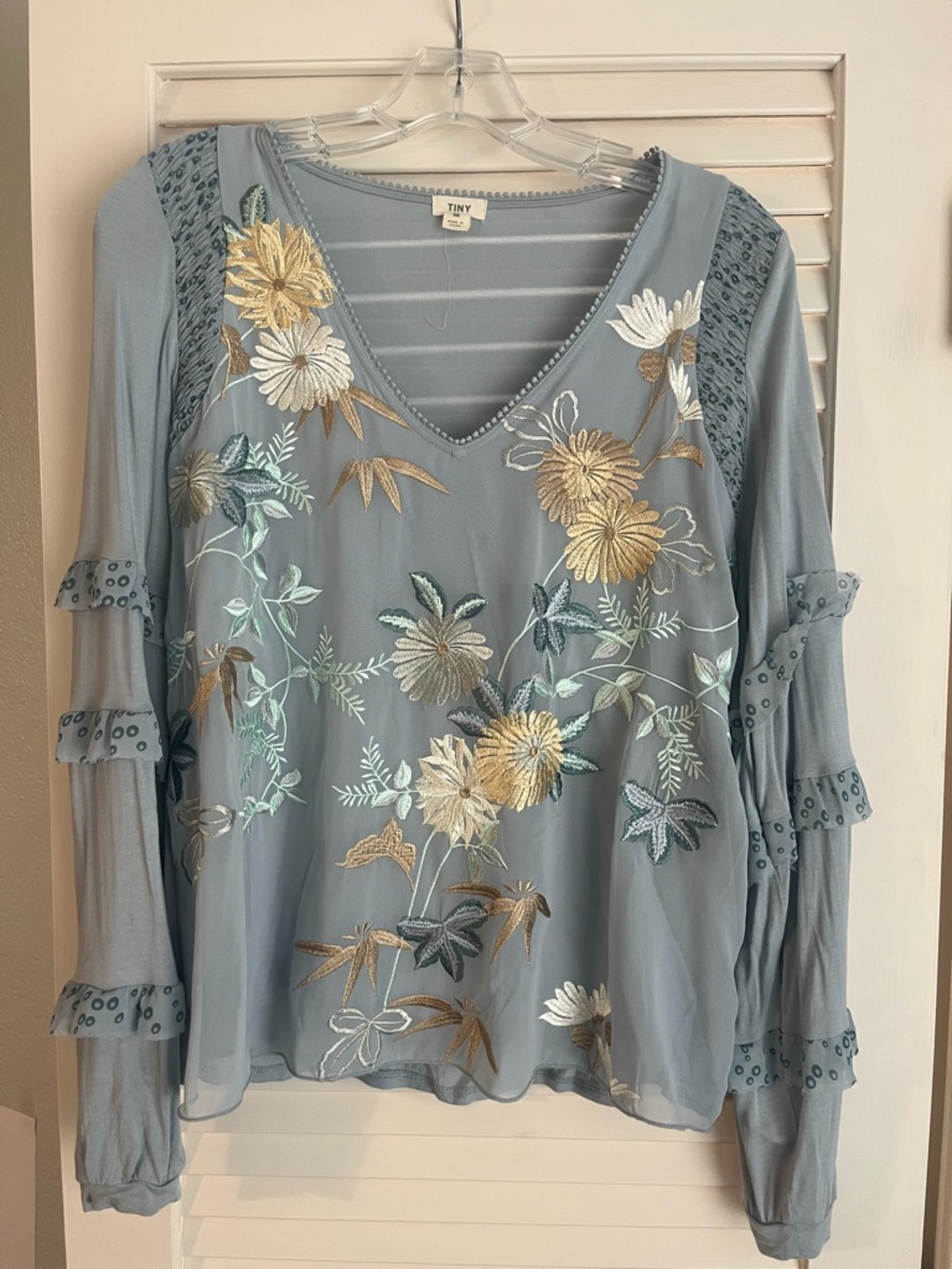 Dusty Blue Floral Embroidered V-Neck Blouse